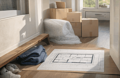 Packing boxes stacked by a window with a floor plan laid on the floor — a local move being prepped.