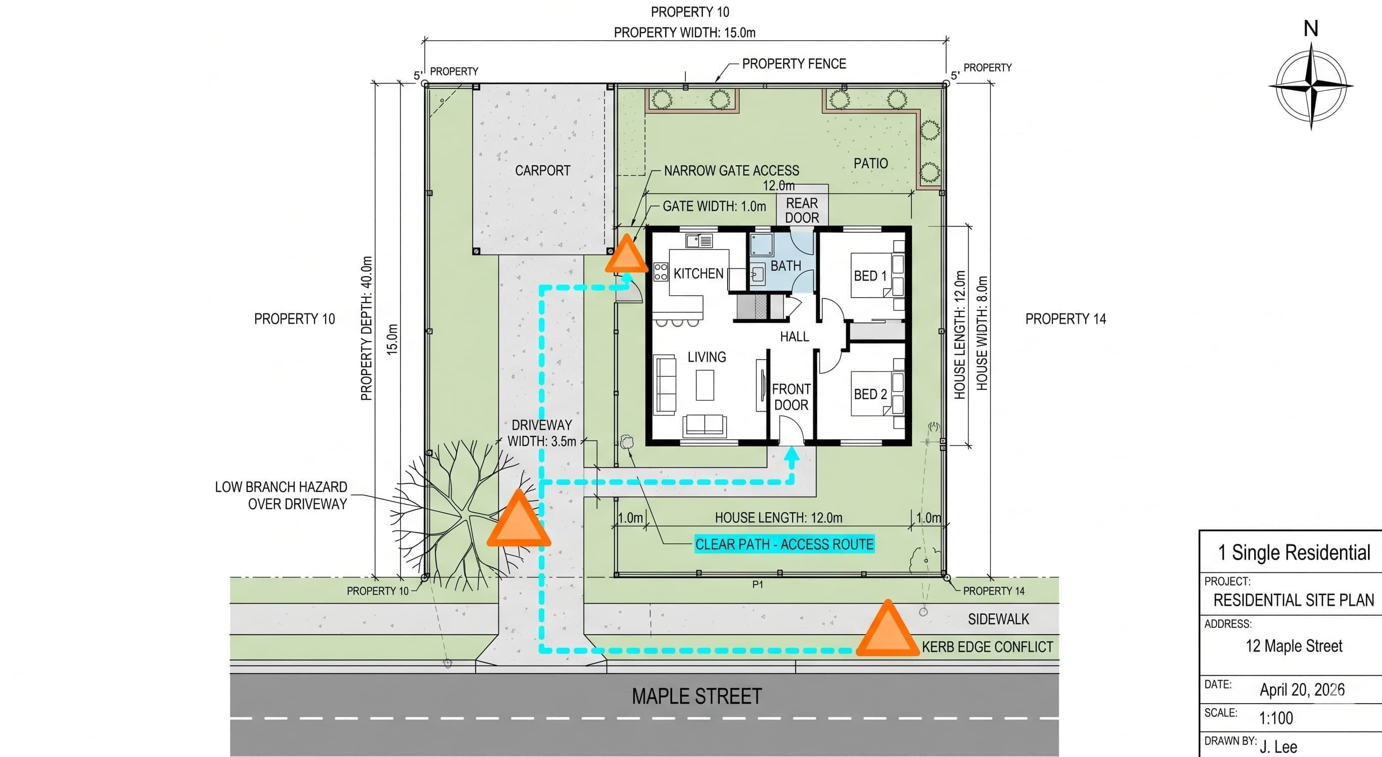 Site-plan diagram of a residential property showing driveway access, vehicle path, and flagged pinch points — an example of the Logistics and Access Audit deliverable.
